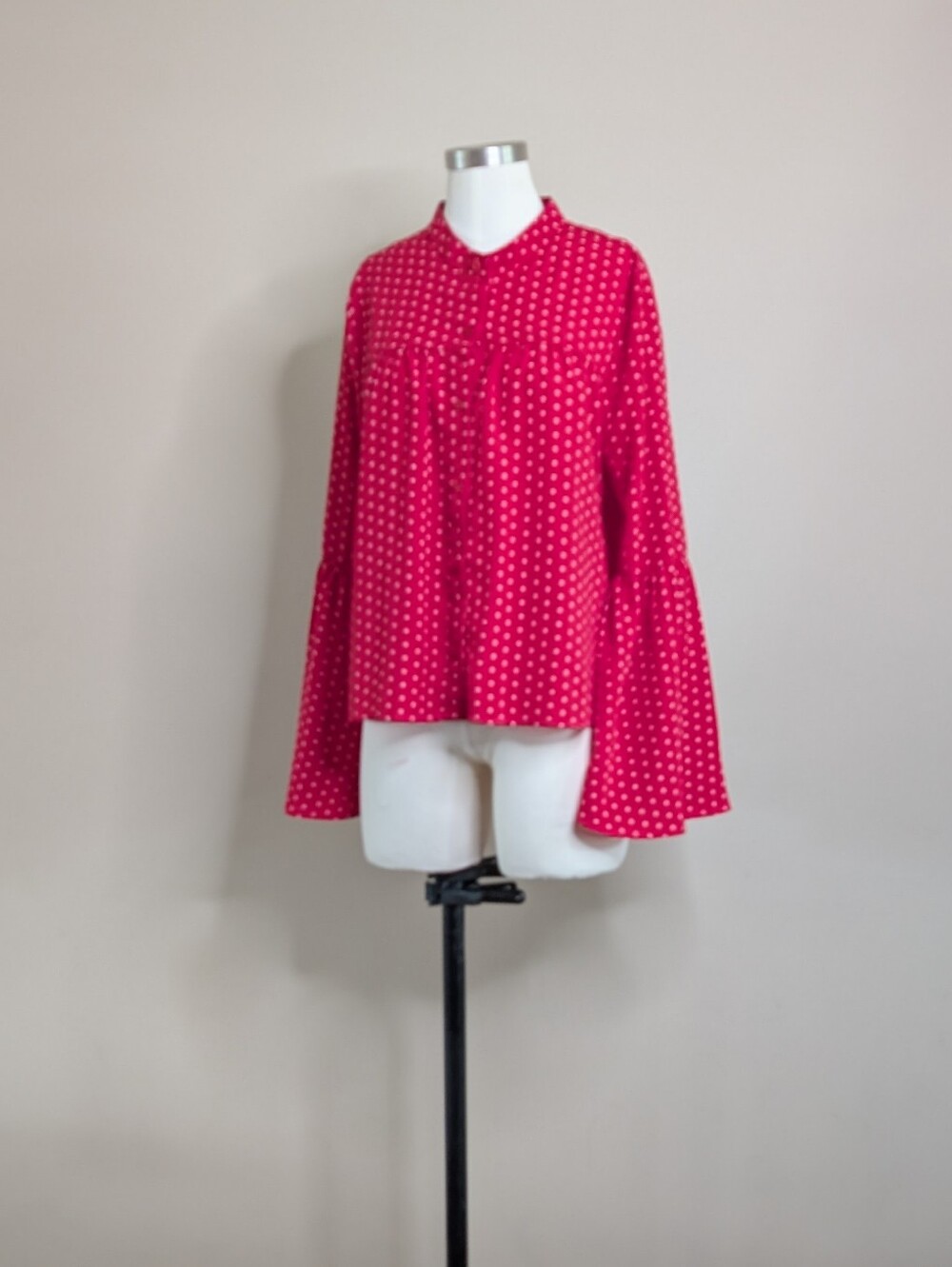 Lovefire Red Boho Daisy Polka Dot Bell Sleeve Button Front Blouse Sz L